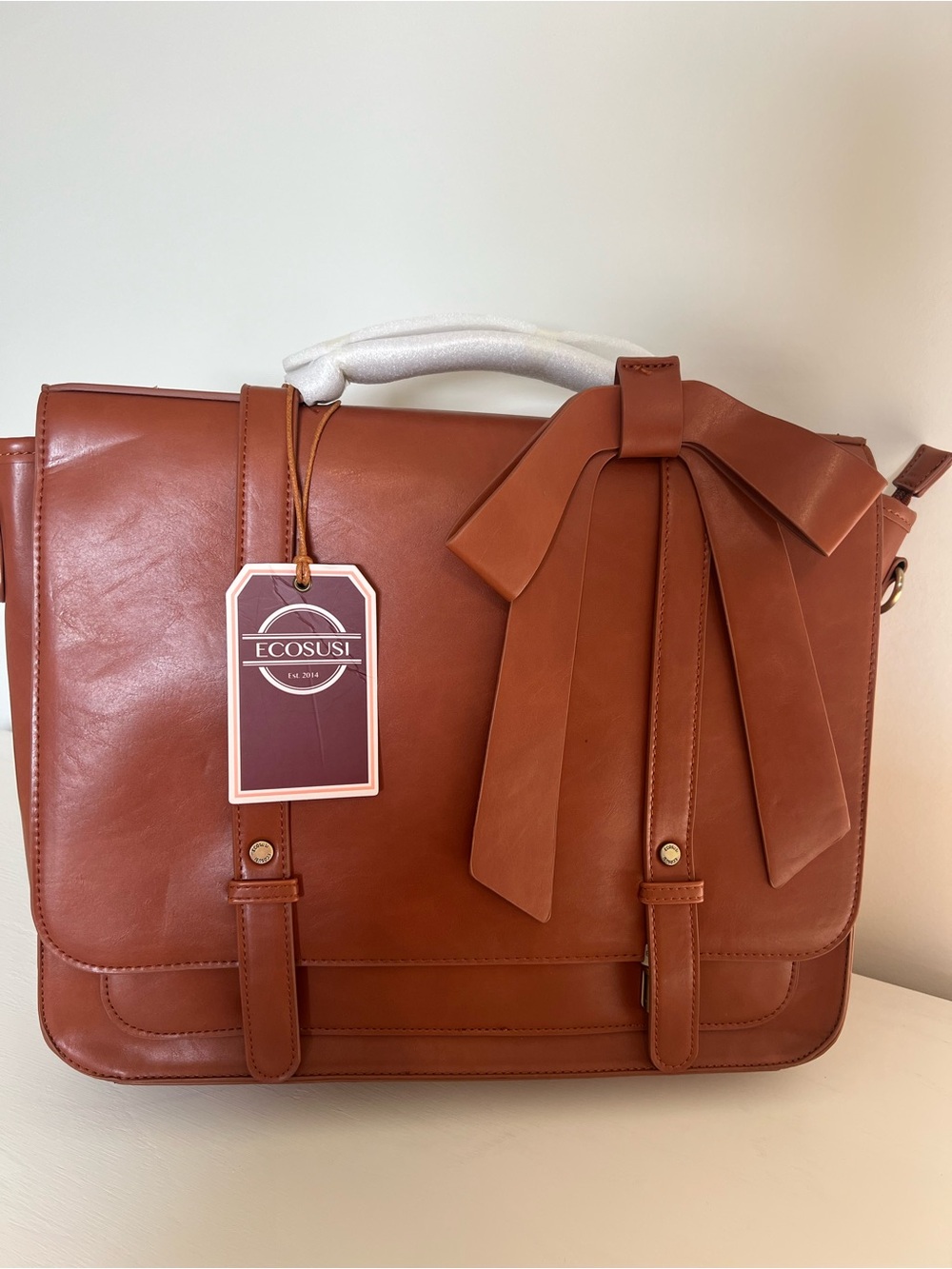 Tan vegan Leather Bow-Accent Briefcase